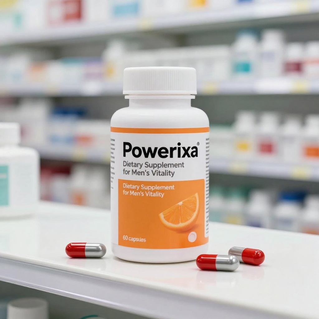 Pachet Powerixa - supliment natural pentru îmbunătățirea circulației sanguine, cutie elegantă cu capsula detoxifiante, design modern pe fundal neutru